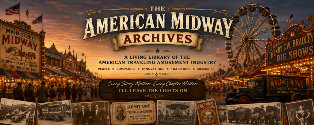 alt=Historic American carnival midway at dusk representing the American Midway Archives