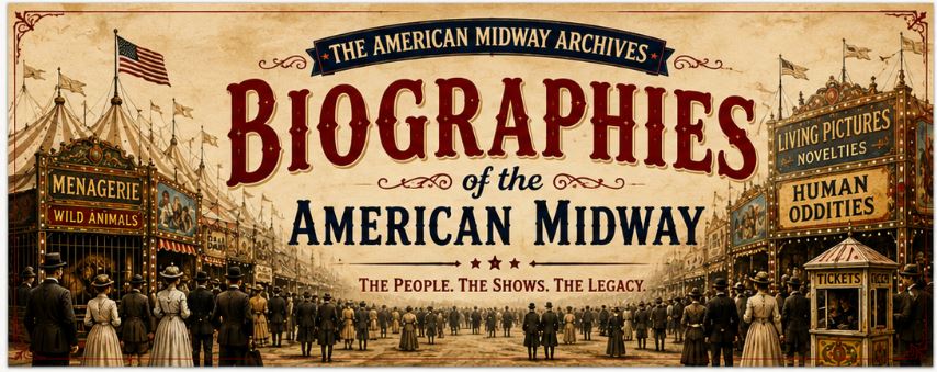 alt=Vintage carnival midway scene with crowds, tents, and attractions representing the stories of the people of the American midway