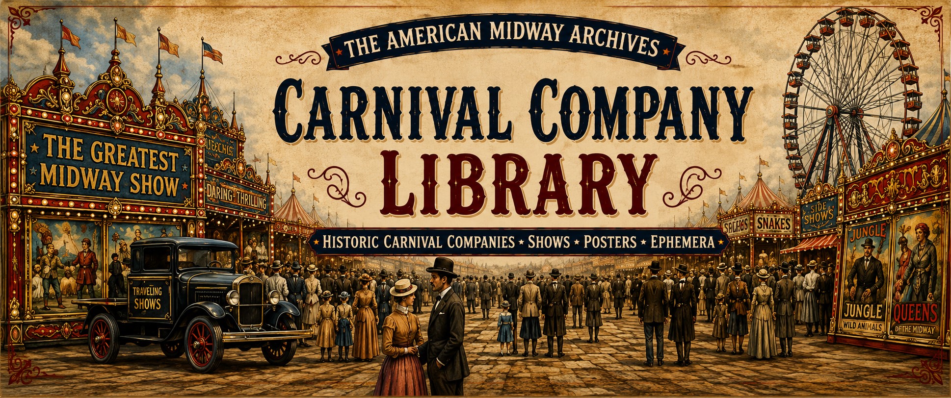alt=historic carnival midway with show truck, rides, tents, and posters representing the carnival company library