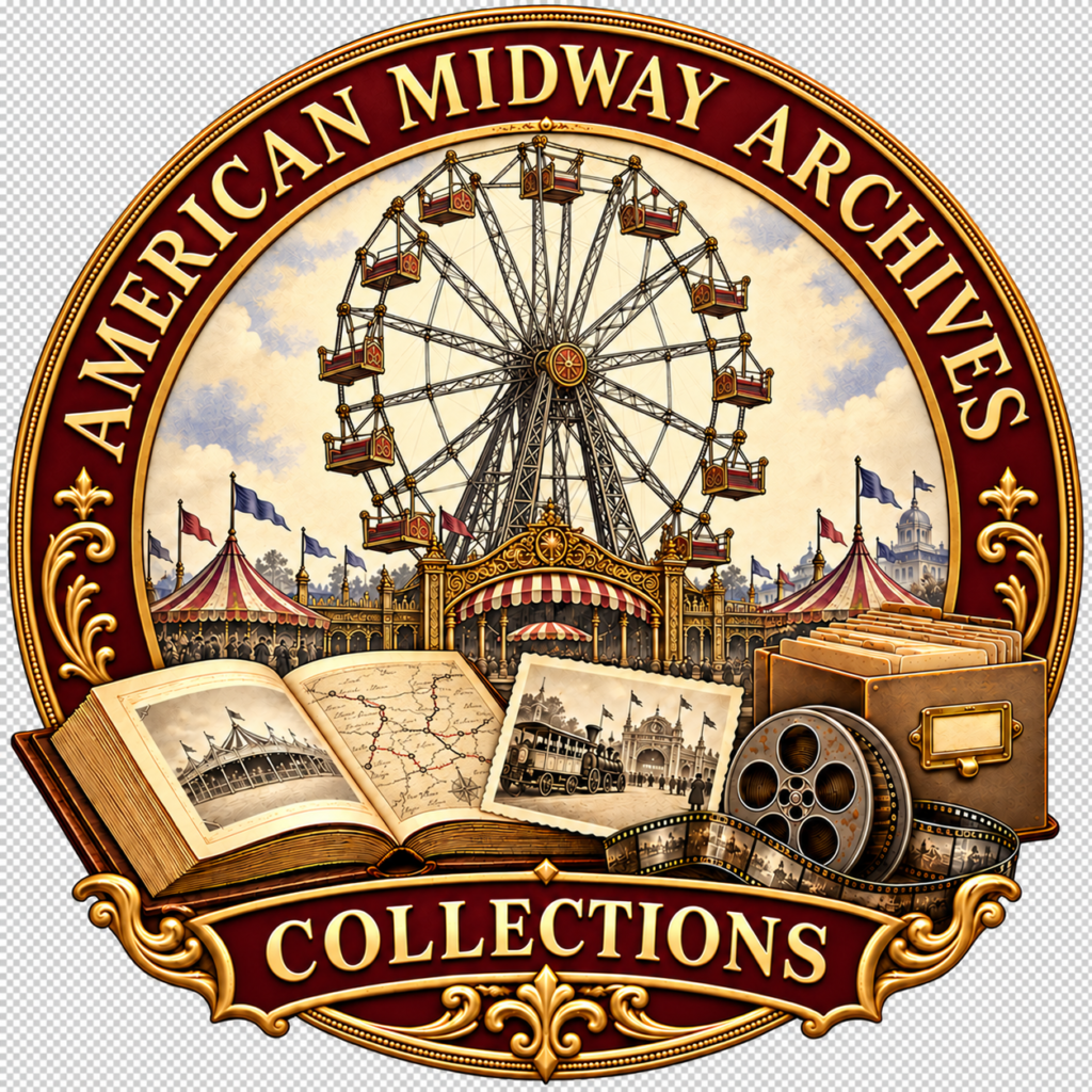 alt=American Midway Archives Collections emblem with an early portable Ferris wheel, open research book, route map, carnival-train photograph, film reel, and archival records.